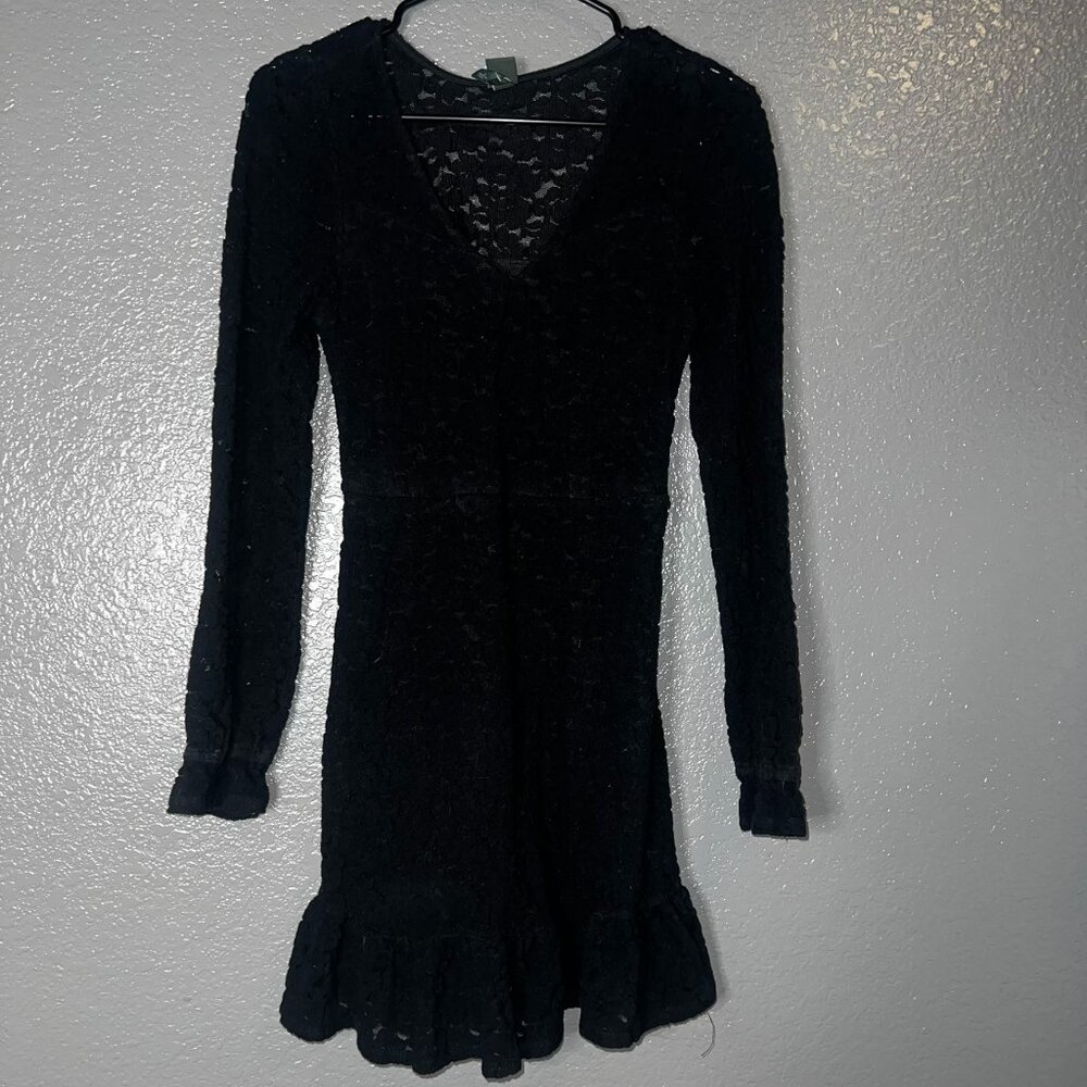 Wild Fable Women’s Black Lace Long Sleeve Mini Dress Size S Sheer Ruffle Hem Par